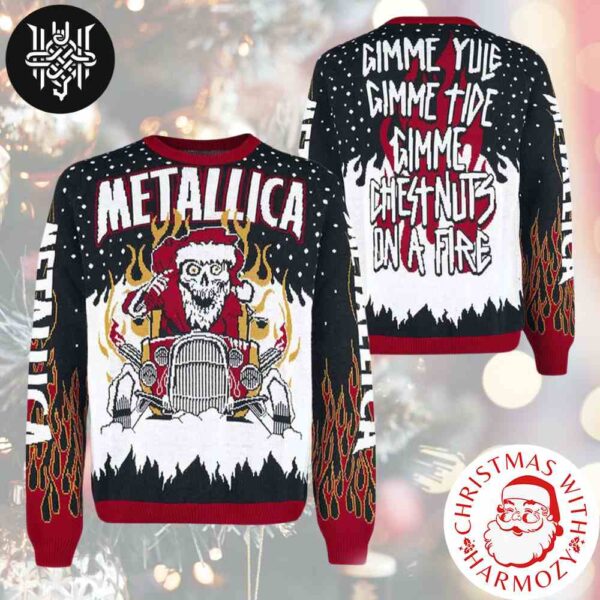 Metallica Gimme Yule Gimme Tide Gimme Chest Nuts On A Fire Skeleton Santa On The Fire Xmas Gifts 2024 Ugly Christmas Sweater