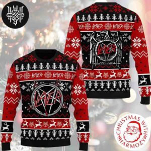 Slayer Band Logo And Xmas Pattern Black And Red 2024 Ugly Christmas Sweater