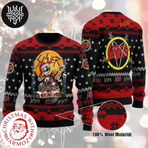 Slayer Band Logo With Jack Skellington Is Playing Guitar 2024 Ugly Christmas Sweater