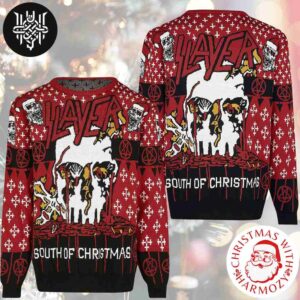 Slayer Band South Of Christmas With Skull Wearing Santa Hat Pattern 2024 Ugly Christmas Sweater