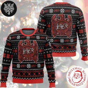 Slayer Band With Red Eagle Logo And White Snowflake Pattern 2024 Ugly Christmas Sweater