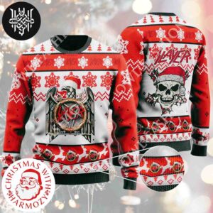 Slayer Band With Red Eagle Logo Wearing Santa Hat And Xmas Pattern 2024 Ugly Christmas Sweater