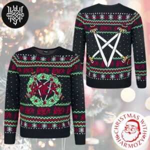 Slayer Laurel Wreath And Logo Pattern Xmas Gifts 2024 Ugly Christmas Sweater