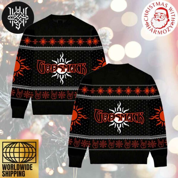 Godsmack Band Logo Signature WIth Xmas Pattern Black And Red 2024 Ugly Christmas Sweater