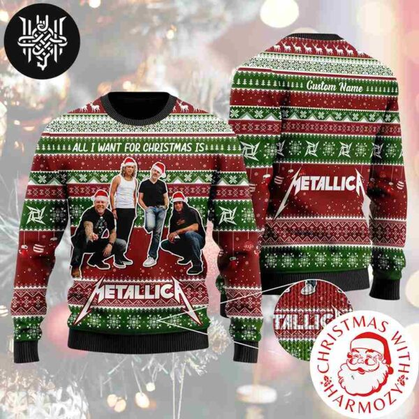 Metallica Members Wearing Santa Hat All I Want For Christmas Is Metallica Xmas Gifts 2024 Ugly Christmas Sweater