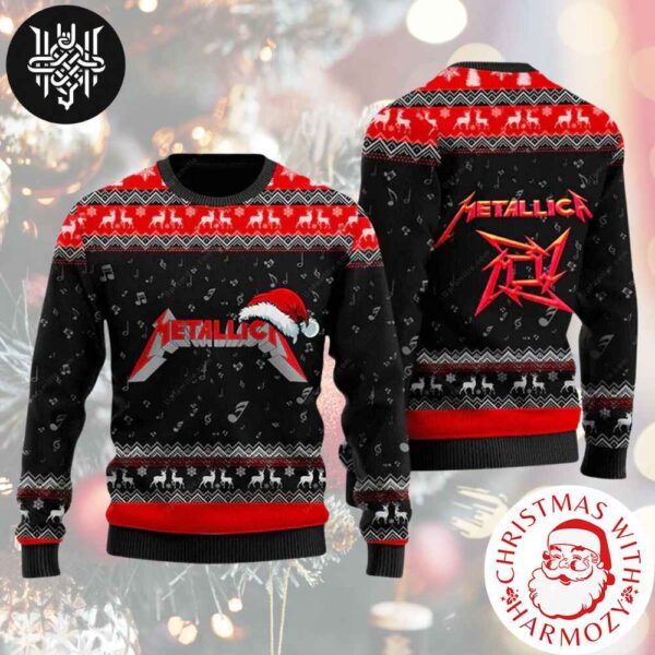 Metallica Signature Logo With Santa Hat Reindeer Pattern Black And Red Color 2024 Ugly Christmas Sweater