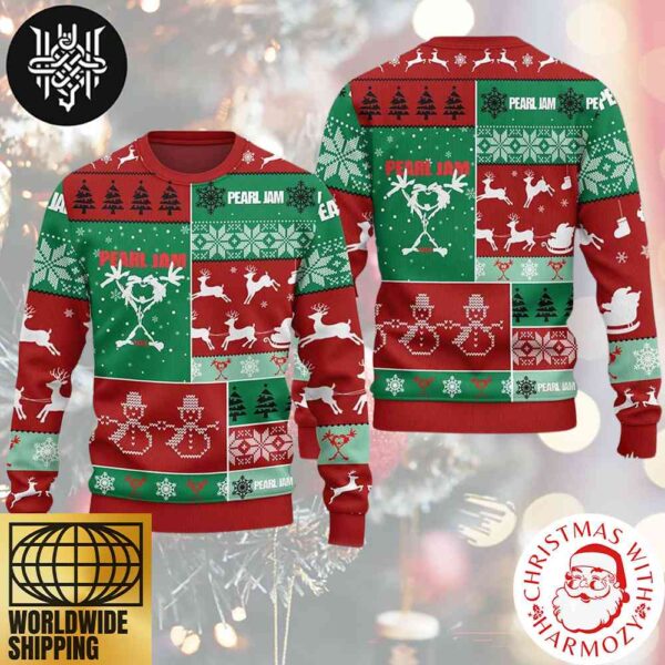 Pearl Jam With Christmas Pattern Snow Man And Snowflake Red And Green Color 2024 Ugly Christmas Sweater